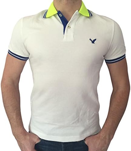 American Eagle Outfitters Men's Classic Fit Mesh Tipped Polo T-shirt (Large, White/Lime/Blue)