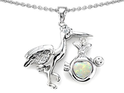 Original Star K(tm) New Baby Stork Pendant with Genuine Diamond and Created Opal 8mm Heart Shape in 925 Sterling Silver