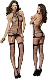 Erotic Black Strappy Halter Garter Dress Lingerie Set