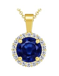 14K Yellow Gold Round Cut Blue Sapphire And Round Diamond Pendant (GIA Certificate)