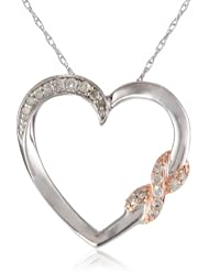 10k White Gold/14k Pink Plating Diamond Hugs and Kisses Heart Pendant Necklace, 1/10 Cttw, 18"