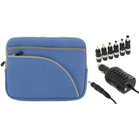 2n1 Combo - Samsung N140-14R 10.1-Inch Netbook Neoprene Sleeve Slip Case and 12v Car Charger (Invisible Zipper Tri-Pocket - Blue)