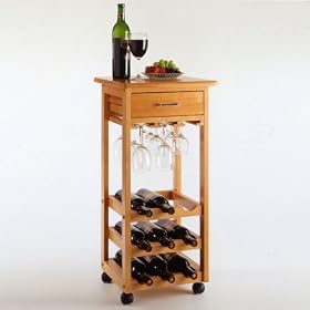 Winsome 34333 Light Oak Beechwood Wine Cart With One Drawer Glass Rack Holds 9 Bottles by Winsome