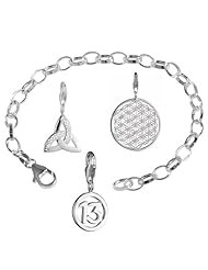 VINANI brand Germany 925 Sterling Silver Charm Bracelet Topic Symbol with 3 charm pendants Flower of Life Mandala Trinity Lucky Number 13 - 19,5 cm (7.5") BSY