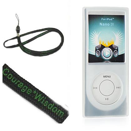 (4 in 1 Nano Deluxe Package)New Ipod Nano 4 Silicone Skin Case Cover (open Click Wheel) with Screen Protector for the New Apple iPod Nano NanoChromatic 4th Generation 8gb 16gb (Ipod Nano mp3 player not included) + Travel Charger for new ipod nano + BONUS Widsom*Courage Neckstrap, Clear