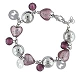 Maroon Heart And Silver Tone Sphere Murano Glass Bracelets