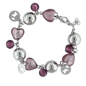 Maroon Heart And Silver Tone Sphere Murano Glass Bracelet