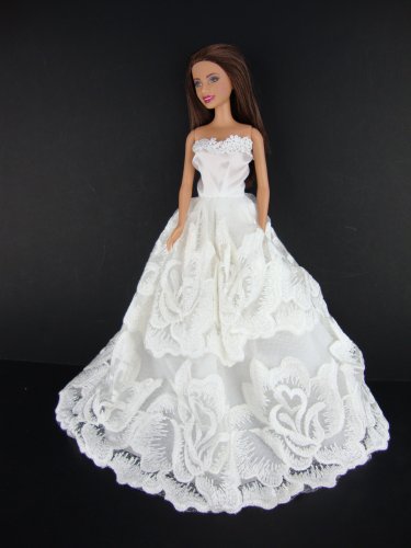 Super Cute All White Ball Gown with Large Flower Patterned Lace Made to Fit the Barbie Doll