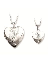 Just Like Mommy Collection Sterling Silver Polished & Satin Finish Journey Flowers Design Heart Locket Pendant Necklace Set with 14" & 18" Box Chain