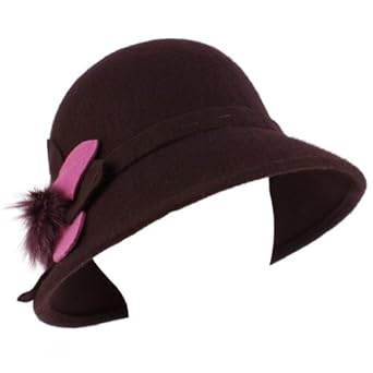 100% Wool Real Fur Floral Winter Structured Cloche Bucket Bell Church Hat Purple