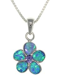 Sterling Silver Created Blue Opal and Purple Cubic Zirconia Wild Flower Pendant with 18 Inch Box Chain Necklace