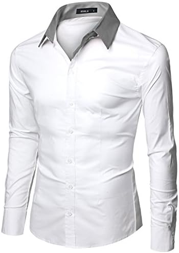 Doublju Men Trendy Long Sleeve Color Detail Slim Dress Shirts