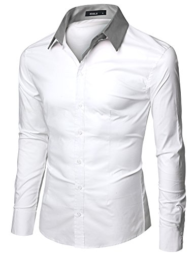 Doublju Men Trendy Long Sleeve Color Detail Slim Dress Shirts