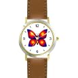 Red & Yellow Targets on Blue Winged Butterfly - JP Animal - WATCHBUDDY� DELUXE TWO-TONE THEME WATCH - Arabic Numbers - Brown Leather Strap-Size-Women's Size-Small