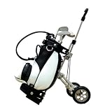 Golf Bag Shape Desktop Pen Holder with Trolley Cart Caddy and 3 Golf Club Ball Pens (7 by 2 by 2); Black/White