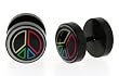 Black Anodized Stainless Steel Fake Plug with Rasta Peace Sign Logo - 16g Stud - 00G Fake Plug - Sold as a Pair