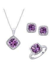 Cushion Cut 8 1/3 ct. Amethyst and 1/5 ct. Diamond Square Halo Fashion Jewelry Set in Sterling Silver