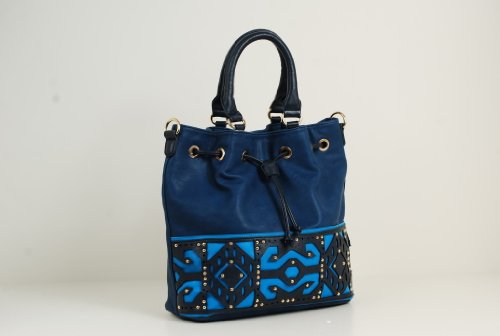 Via Faux Leather Tote Hobo Shoulderbag Handbag with Design, Blue, One Size