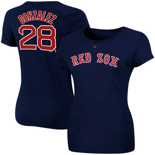 Majestic Adrian Gonzalez Boston Red Sox Ladies #28 Player T-Shirt - Navy Blue (Medium)