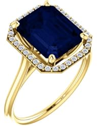 10K Yellow Gold 10.00x8.00mm Emerald Cut Chatham Created Sapphire and Diamond Halo-Style Ring -- LIFETIME WARRANTY