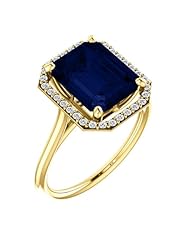 18K Yellow Gold 10.00x8.00mm Emerald Cut Chatham Created Sapphire and Diamond Halo-Style Ring -- LIFETIME WARRANTY