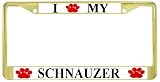 I Love My Schnauzer Paw Prints Dog Gold Metal License Plate Frame Holder
