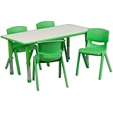 Flash Furniture Adjustable Rectangular Plastic Activity Table Set with 4 School Stack Chairs, 23.625 by 47.25-Inch, Green