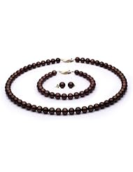 14k Gold 7-8mm Chocolate Freshwater Cultured Pearl Set AAA Quality, Set Includes Necklace, Bracelet, & Earrings