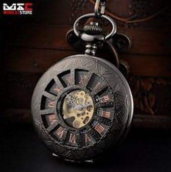 Pixle Pocket Watch - Black Antique Mechanical Skeleton Steampunk Mens Pocket Watch Gift Chain Retro