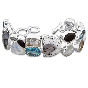 925 Sterling Silver White Topaz Dendritic Opal Blue Topaz Black Onyx Pearl Rainbow Moonstone Natural Gemstone Designer Fashionable Link Bracelet 8 1/2