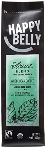 Happy Belly House Blend Whole Bean, Organic Fairtrade Coffee, Medium Dark Roast, 12 ounce