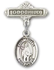 Sterling Silver Baby Badge with St. Amelia Charm and Godchild Badge Pin