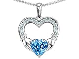 Celtic Love by Kelly Hands Holding 8mm Heart 1inch Claddagh Pendant With Genuine Blue Topaz in .925 Sterling Silver