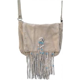Ladies Western Style Hand bag Tan Suede Leather with Fringes and Beads AL3300