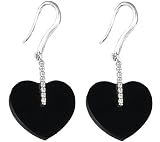 14K White Gold Hand-Crafted Designer Heart-Shaped Dangling Earrings, Enhanced with Pave Set Diamonds and Black Onyx.(GH-Color, SI-Clarity. c.t.t.w.0.06CT).