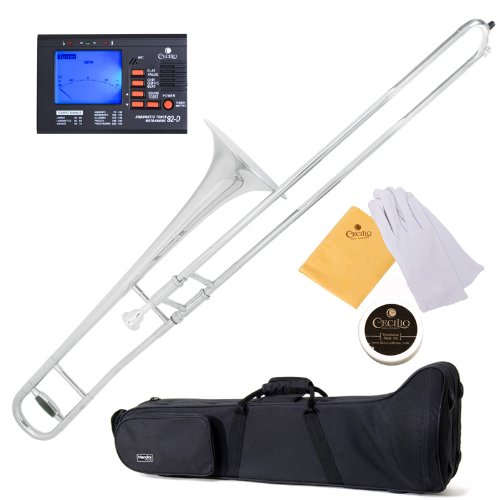 Mendini MTB-22N Nickel Plated B Flat Trombone + Case, Chromatic Tuner w/ Metronome, Cleaning Cloth, Slide Grease, & a Pair of Gloves