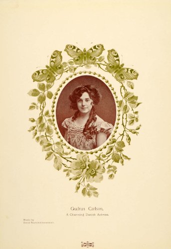 1905 Print Gudrun Carlson Danish Actress Art Nouveau Portrait Border Butterflies - Original Print