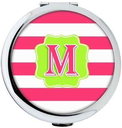 Custom Hot Pink Stripes Flourish Glitter Initial Pattern - Monogram Personalized Defender Round Ultra-thin 0.8cm Compact Makeup Mirror