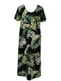 Round Neck Long Dress - Women's Plumeria Paradise Caftan Kaftan Style Hawaiian Aloha Evening Pullover Dress in Black - M