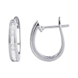 10K White Gold 0.25CT Baguette Diamond 3mm x 13mm Hoop Earrings