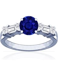 18K White Gold Round Cut Blue Sapphire Ring With Sidestones