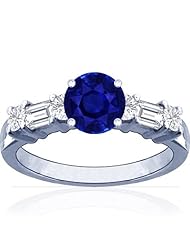 14K White Gold Round Cut Blue Sapphire Ring With Sidestones