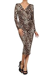 Sexy V-neck Cheetah Print Leopard Print Long Sleeves Spandex Bodycon Dress/Midi Dress 