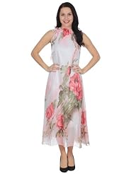 Floral Print Chiffon  Ankle Length  Dress With a Ribbon  and Ruffles