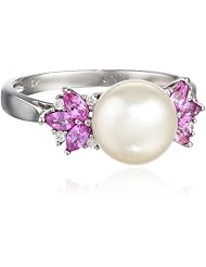 10k White Gold Pink Sapphire, Freshwater Cultured Pearl and Diamond Ring (0.06 cttw GH, Color, I2-I3 Clarity), Size 6