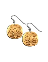 14K Yellow Gold Northwest Coast Native American Owl Earrings. Made in USA.