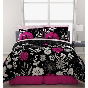 Pink Black White Girls Flowered Twin Comforter Sheet Bed In A Bag Set