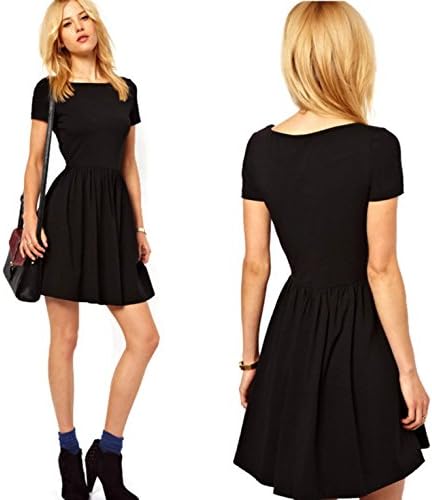 Jersey Dress Solid Design Short Sleeves Roupas Femininas Slim One-piece (L, Black)