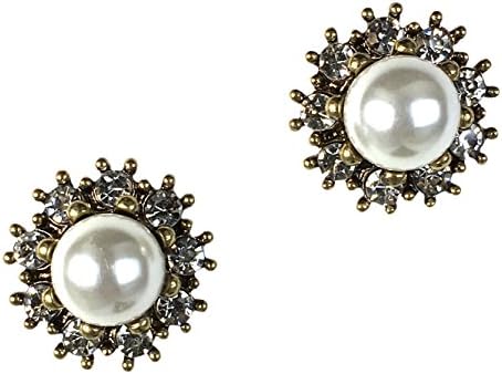 Kali Collection Large Stud Statement Party Earrings, Antique Gold Setting, Rhinestone, Pearl Bead