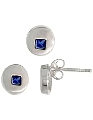 Sterling Silver Matte-finish Round-shaped Earrings (7mm) & Pendant Slide (8mm) Set, w/ Princess Cut Blue Sapphire-colored CZ Stones
